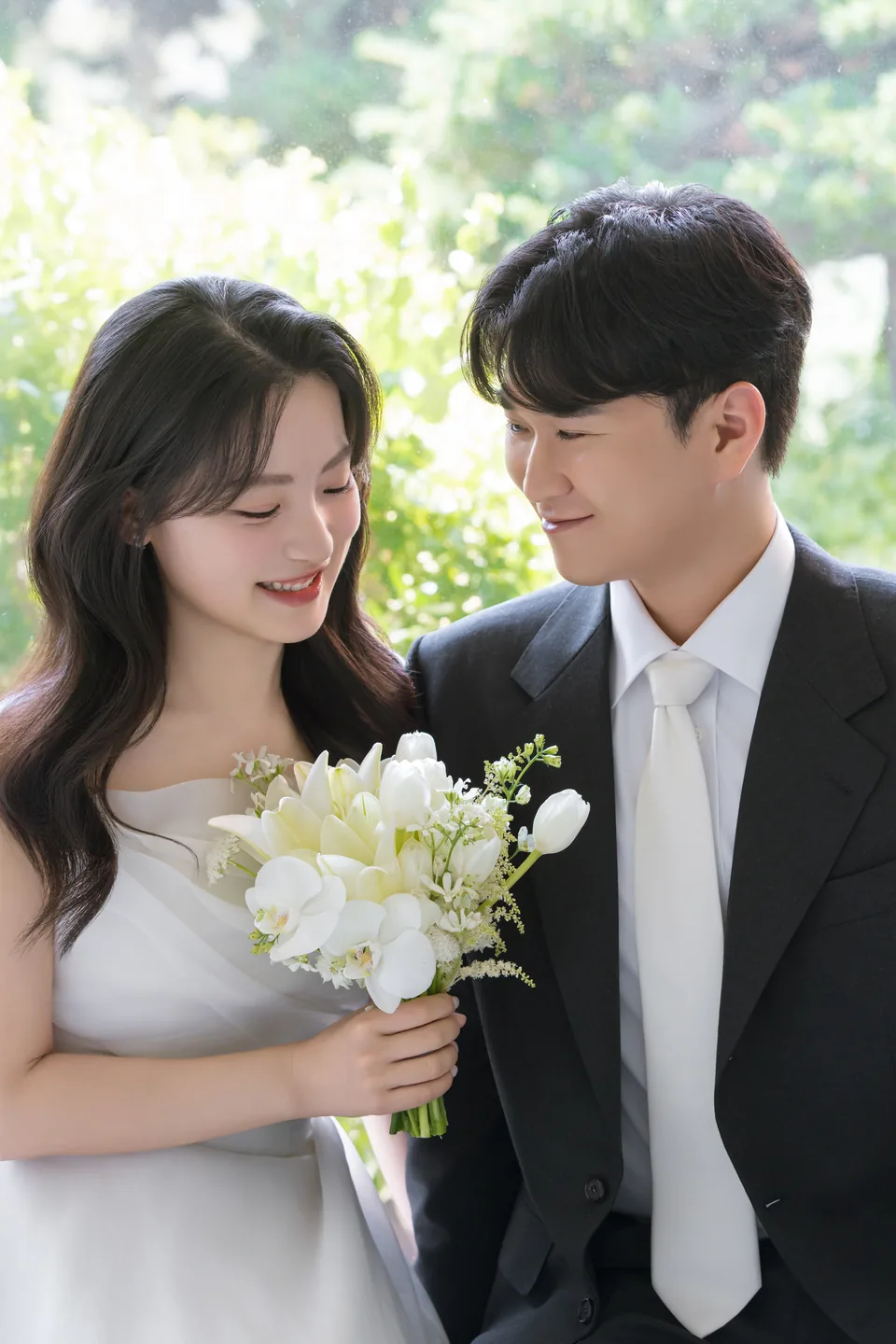 꽃다발을 함께 바라보며 미소 짓는 두 사람